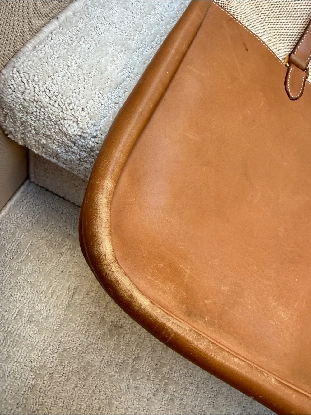 Hermes Tan & Cream Canvas Leather Messenger Tote